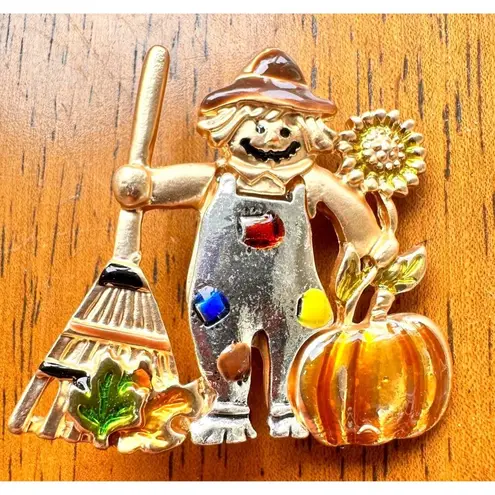 Scarecrow Brooch Pin New Fall Pumpkin Autumn Leaves Rake Sunflower Overa… Gold
