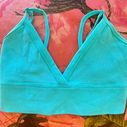 neon bright blue teal v neck ribbed sports bra