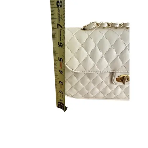 Quilted White Faux Leather Shoulder Bag With Gold Chain Strap & Turn Lock
