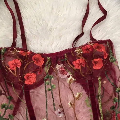 Boutique NEW IN PACKAGE! Wine velvet, sheer, embroidered, under wire body suit