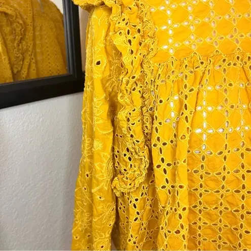 Scotch & Soda Eyelet Lace Ruffle Shoulder Mustard Broderie Anglaise Top Size S