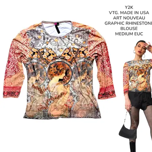Y2K VTG. MADE IN USA ART NOUVEAU ALL OVER PRINT NU CONSTRUCTION TOP MEDIUM EUC Orange