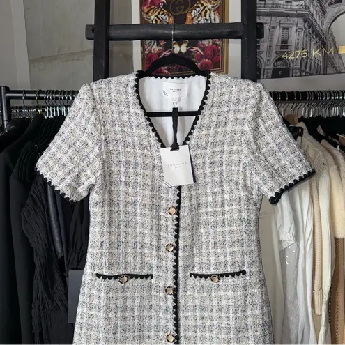 Pomander Place White Tweed Josephine Mini Dress with Gold Button Detail Black Size M