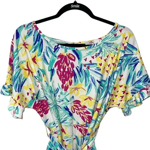 Aryeh Womens Tropical Ruffle Trim Tie Belt Stretch Romper Multicolor Medium