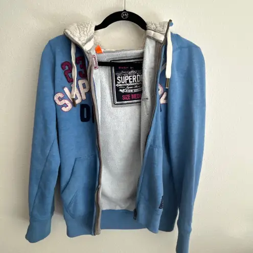 Superdry Full Zip Hoodie Sherpa Lined Spell Out Graphic Blue Medium