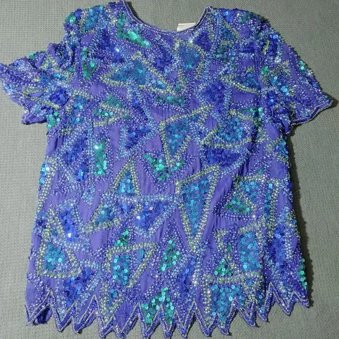 Vintage Styleworks Sequined Silk & Polyester Top Short Sleeve Blue & Green Women Size L
