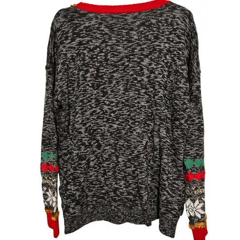 Women’s Black White Meowy Christmas Cat Pullover Sweater Snowflakes Size XL