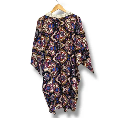 Black Bead Bohemian Floral Kimono with crochet Trim