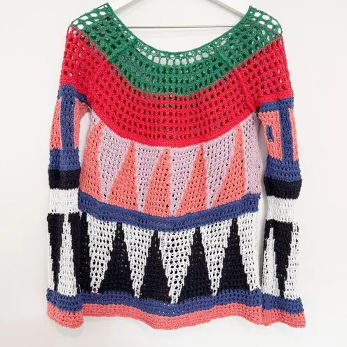 Free People  Modern Art Geo Crochet Open Knit Flared Bell Sleeves Sweater Top