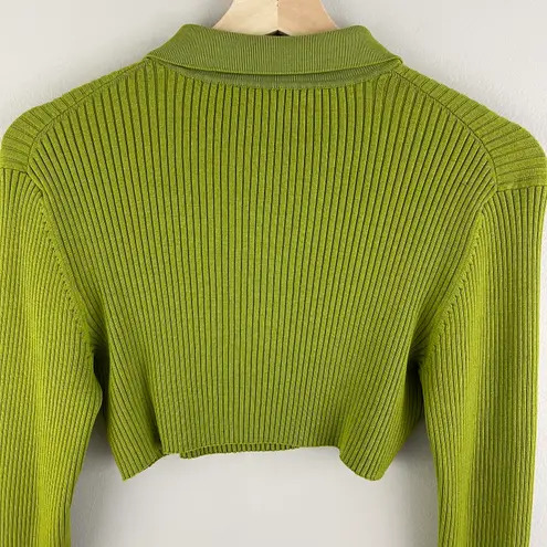 Cable and Gauge Y2K 90’s Vibes Green Ribbed Rhinestone Half Zip Cropped Sweater