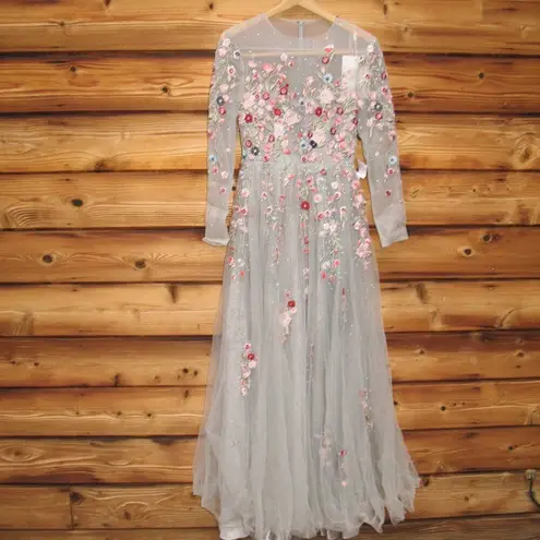 Mac Duggal 11241 Embroidered Illusion High Neck Long Sleeve A Line Gown