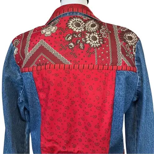 Vintage 90s Denim Jacket with Red Bandana Pattern Panels. 100% Cotton. Medium. Blue