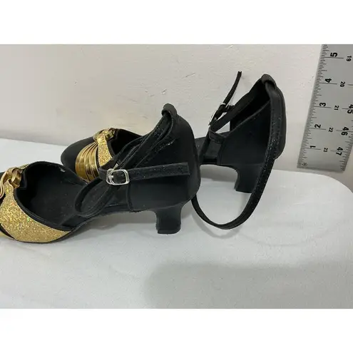 Womans Black Gold Sequin Ankle Strap Kitten Heel Dress Shoes Size Us 8.5 Eu 40