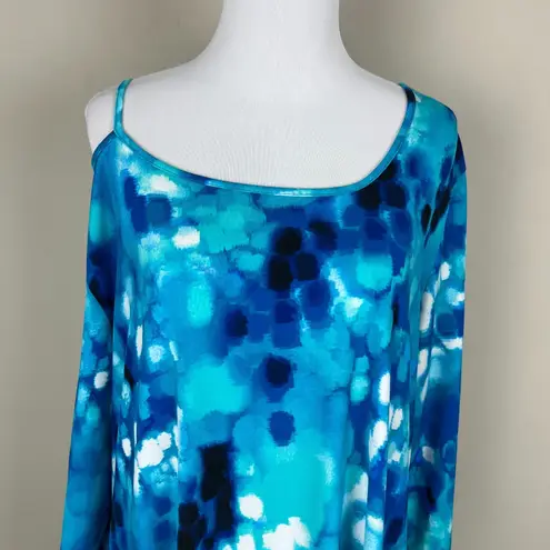 Clara Sun Woo Tunic Top Womens XL Blue Handkerchief Hem Cut Out Printed Artsy