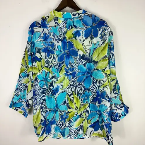 Alfred Dunner Blouse 18W Blue Floral Button Front Coastal Grandma Resort Artsy