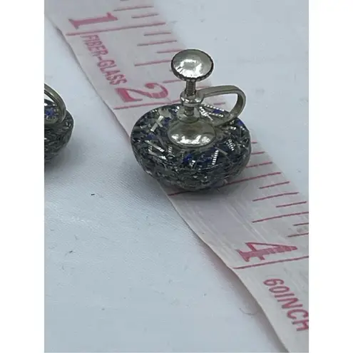 Vintage confetti blue & silver acrylic button screw back earrings Blue