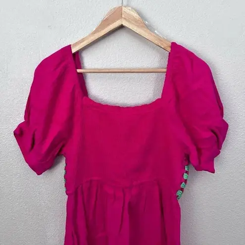 JODIFL | NWT Bright Pink Smocked Crochet Bodice Gauze Green White Dress | Small