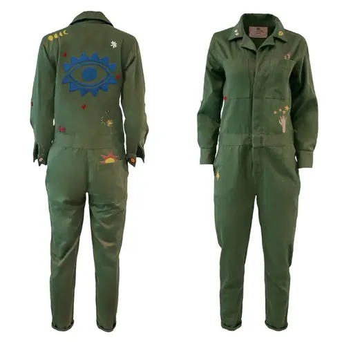 CBONZ Watch Your Back Evil Eye Organic Hemp Cotton Jumpsuit in Green Large