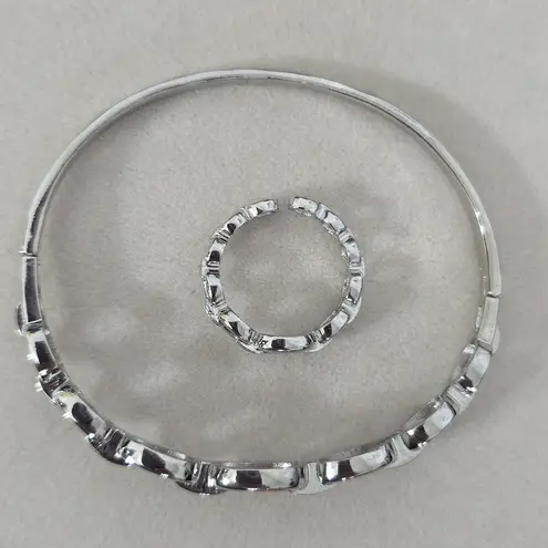 White Gold Filled Chain Link Clamper Bangle Bracelet Adjustable Ring Set Silver