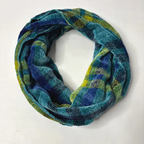 Plaid Chenille Knit Infinity Scarf Blue Green Rayon Preppy 2010s Retro Cozy Gift