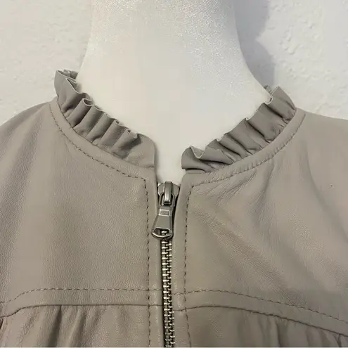 Rebecca Taylor ruffle trim light grey lamb skin leather bomber jacket blazer 8