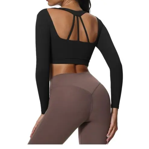 Long Sleeve Crop for Women, Deep V Half Cutout Workout Cropped T Shirt, Yoga Black Size XS