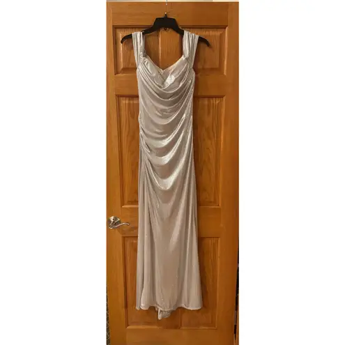 Betsy and Adam Champagne Glitter Knit Off-Shoulder Gown - 4