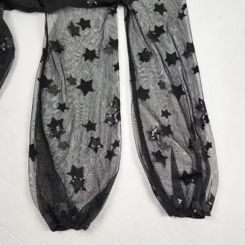 Women Sequin Star Print Black Tulle Dress Mesh See