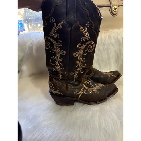 Tanner Mark Women's Brown Leather Embroidered Western Cowboy Boots Size 7.5