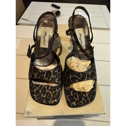 Mezlan Taylor Brown Sparkle Fabric Strappy Open Toe Animal Print Sandal Heeled Size 8