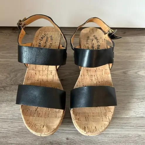 Kork-Ease  Black Leather Strap Cork Wedge Sandals Size 7