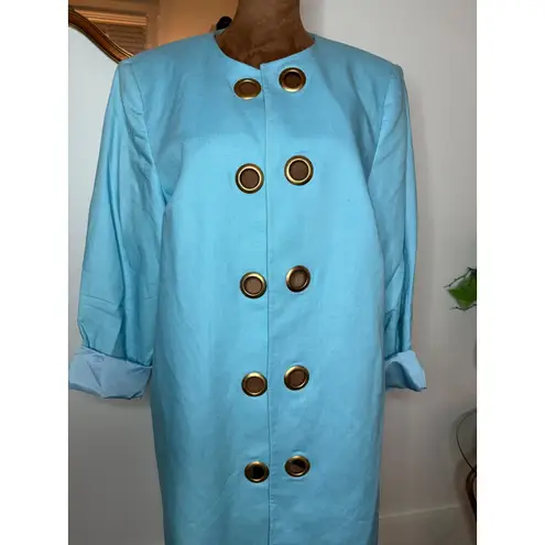 Bloomingdales Linen Coat Jacket Aqua Blue w/ Gold Eyelet Button Front 14W XL