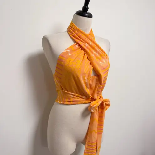 Eva Franco Anthropologie Citrus Orange Pink Knit Halter Wrap Crop Top Large New