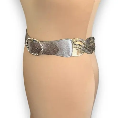 Vintage Statement Belt Metallic Silver Gold Braided Leather Sequins Beads Boho Gold