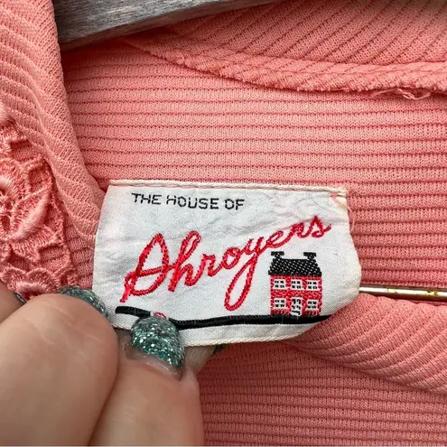 50s 60s House of Shroyers peach rib polyester crochet lace trim sheath dress Size XL