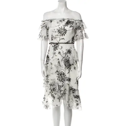 Marchesa Notte Off Shoulder Floral Lace Tiered Dress Size 4 Black