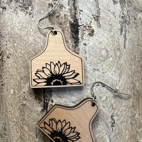New Handmade Wooden Sunflower Cowrag Designed Dangle Earrings Brown