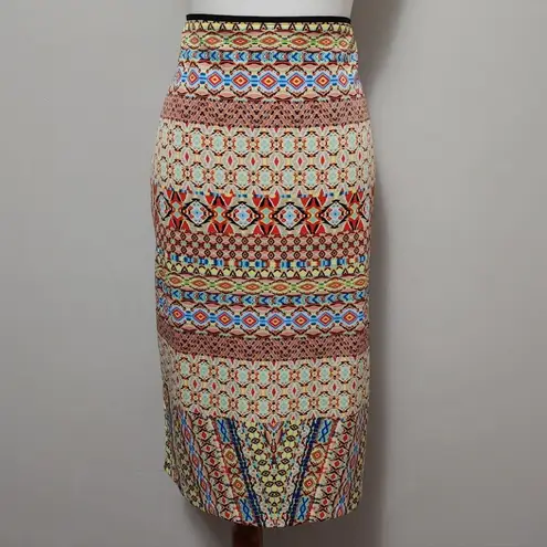 Bisou Bisou Orange Multicolored Aztec Side Slit Scuba Pencil Skirt Size XL