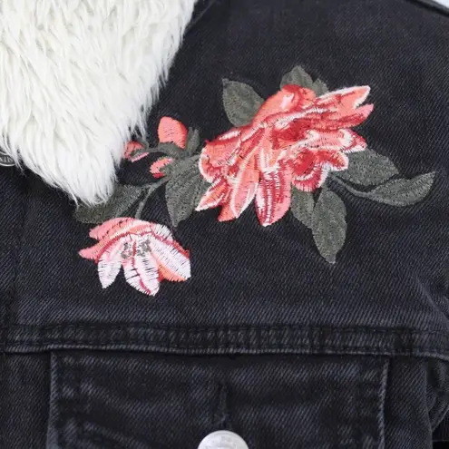 PacSun  faux fur lined floral embroidered denim jacket