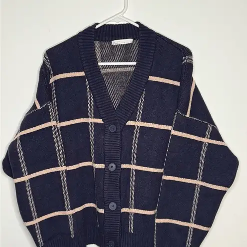 OAK + FORT Navy Blue Cream Women's Oversized Checkered Plaid Sweater Size Small