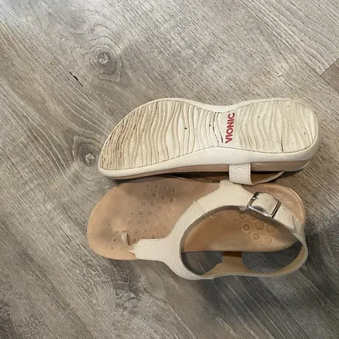 Vionic Terra Sandals Womens 8.5 Leather Thong Slingback Cream Buckle Support