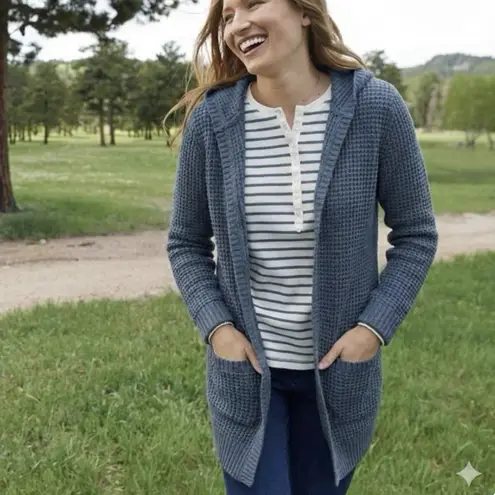 LL Bean Blue Waffle Stitch Hooded Open Cardigan Sweater Pockets Size MEDIUM