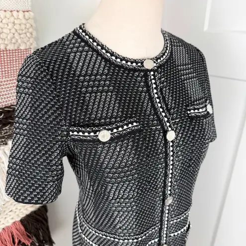 Misook Bold Plaid Tweed Knit Sheath Dress Short Sleeve Stretch Black White Sz S