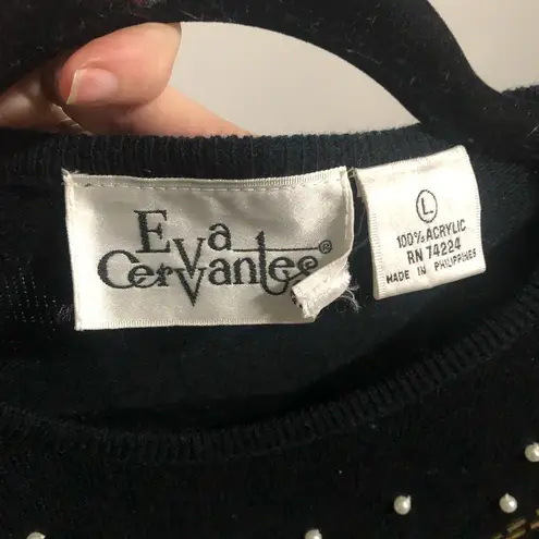 NWT Eva Cervantes Black Vintage Retro Rhinestone Embroidered Sweater Size Large