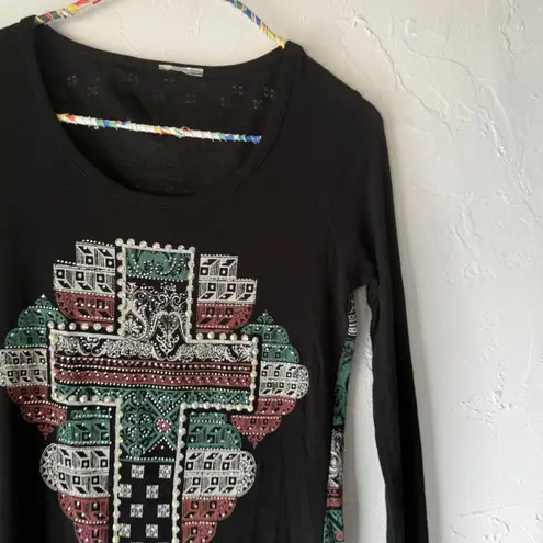 Be Vocal Shirt Womens Small Long Sleeve Cross Pattern Pearl Stud Western Grunge Black