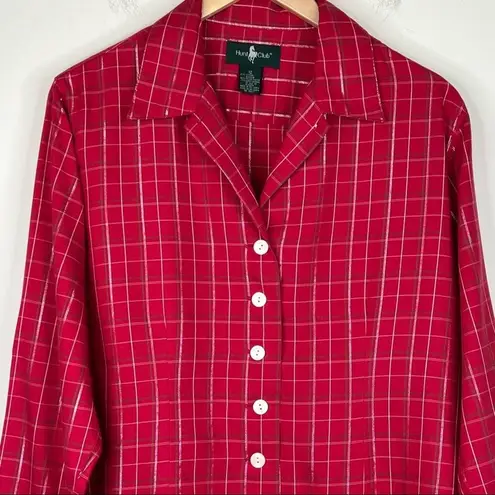 Hunt Club blouse women's 12 red plaid button front lurex long sleeve shirt