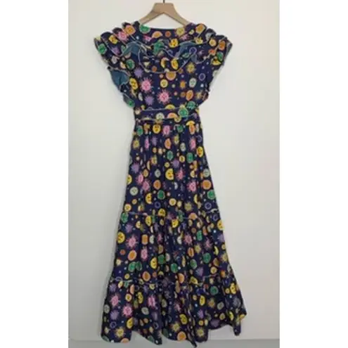 Celia B Atlas Dress Midi Navy Multi Womens New Size Medium Summer Belted Blue