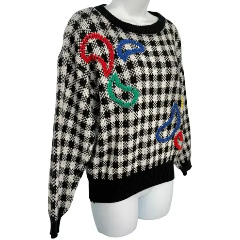 Vintage Black White Check Wide Stitch Rainbow Detail Crew Neck Sweater size S