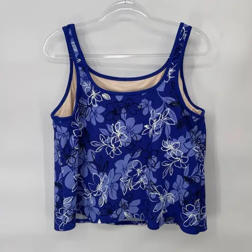 L.L.Bean Floral Swim Tankini Top Swimsuit Blue White Casual Comfort Size 22