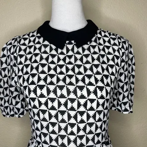 Sweet Rain Black White Aztec Print 3/4 Sleeve Peter Pan Collar Zip Dress Sz Sm